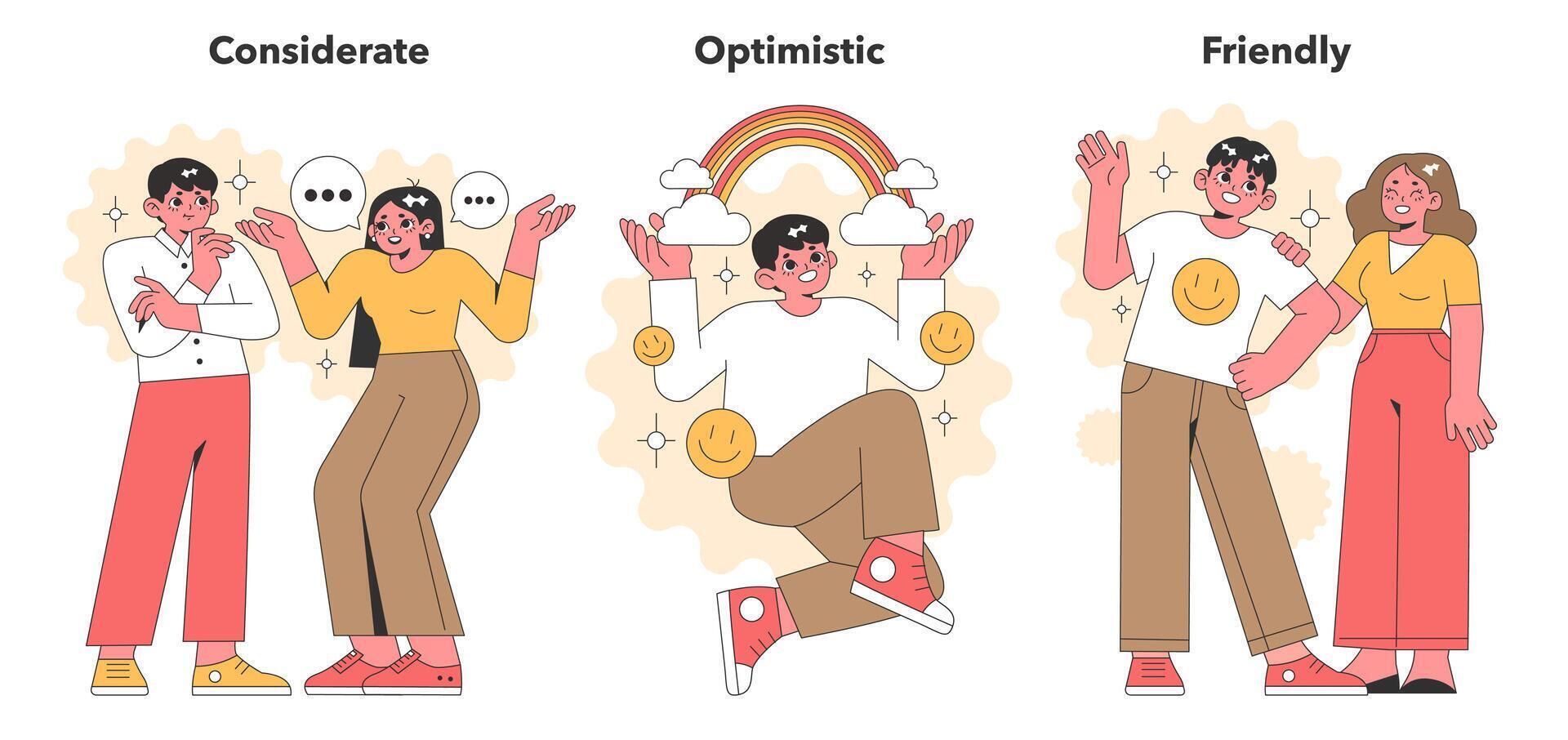 Engaging vector art capturing the essence of positivity, featuring characters who are considerate, optimistic, and friendly in a modern, playful style