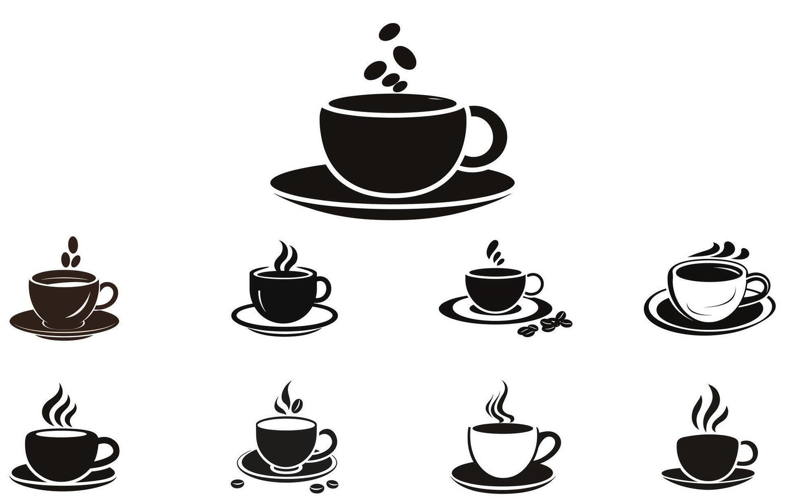 café taza íconos conjunto silueta vector, taza de café y café frijol. caliente. aroma de café. vector