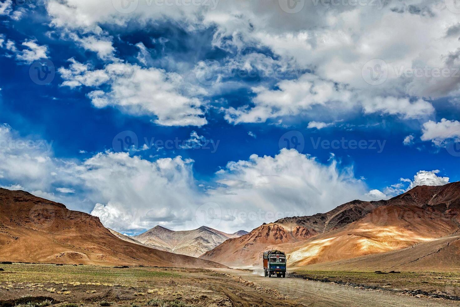 Indian lorry on Trans-Himalayan Manali-Leh highway in Himalayas. photo