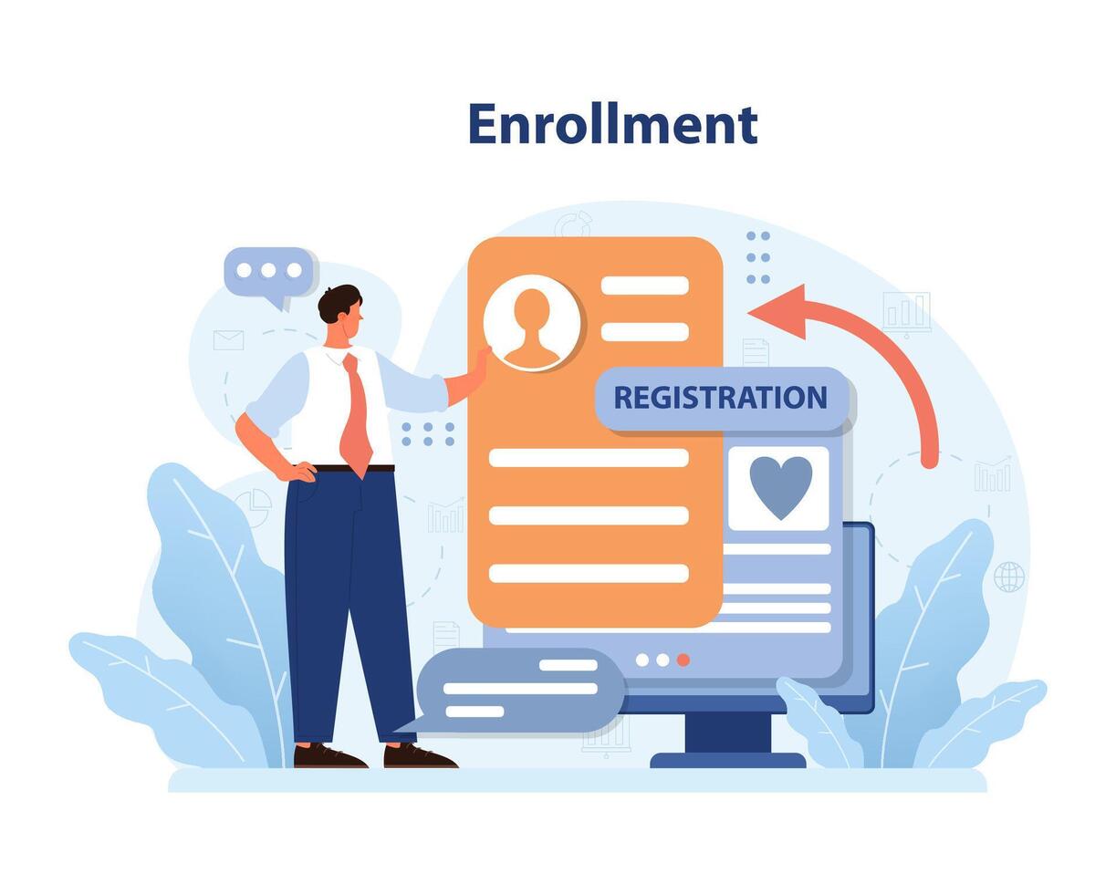 Enrollment process visualized. Flat vector illustration