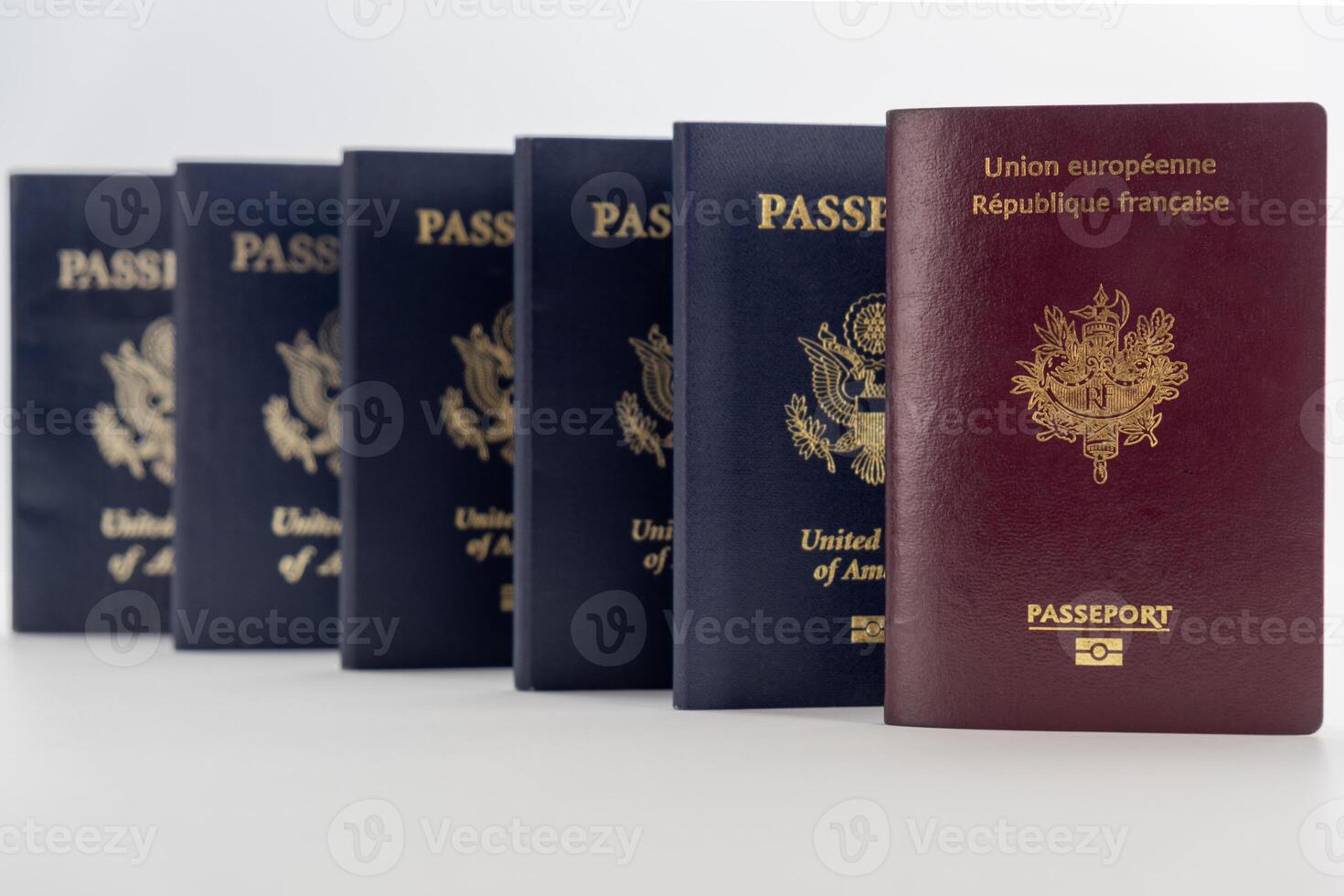 1 France 5 United States passports transparent background, prespective camera angle photo