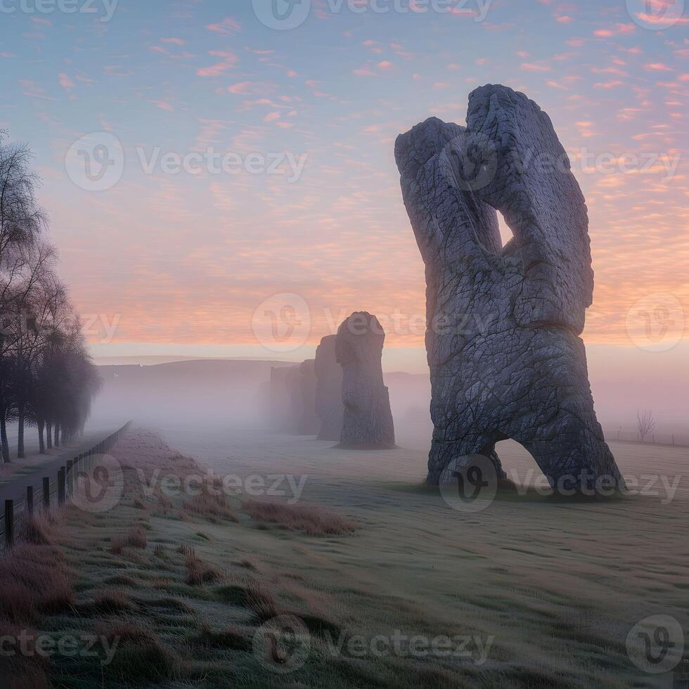 AI generated The Kelpies breathe mist at dawn shrouding the land in mystery a veil between the worlds of the living and the mythical photo