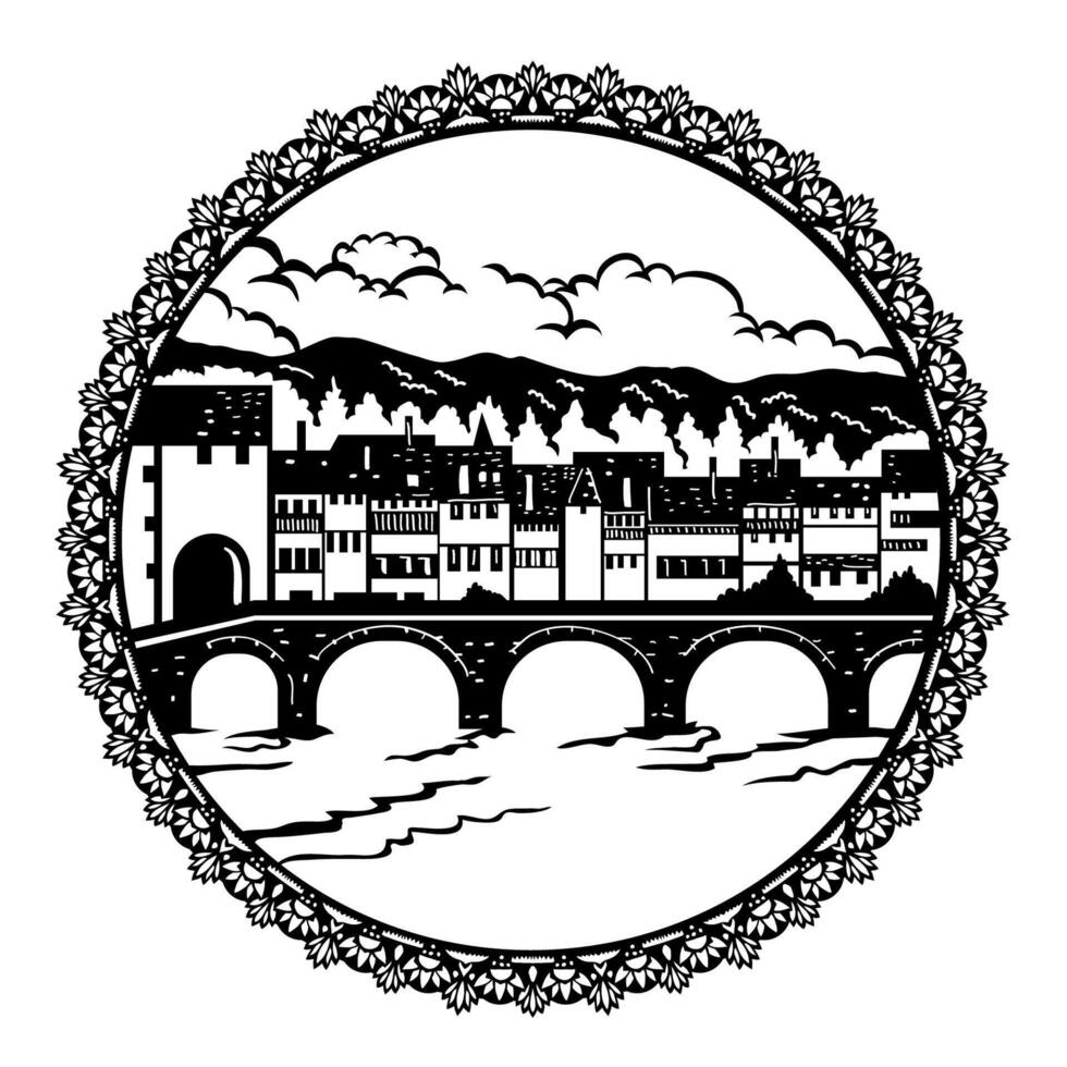 Bridge at St Ursanne in Doubs Nature Park in Switzerland Swiss Scherenschnitte Paper Cut Style vector