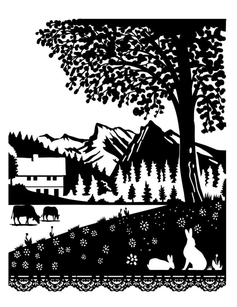 Cow and Rabbit in Diemtigtal Nature Park in Bern Switzerland Swiss Scherenschnitte Paper Cut Style vector