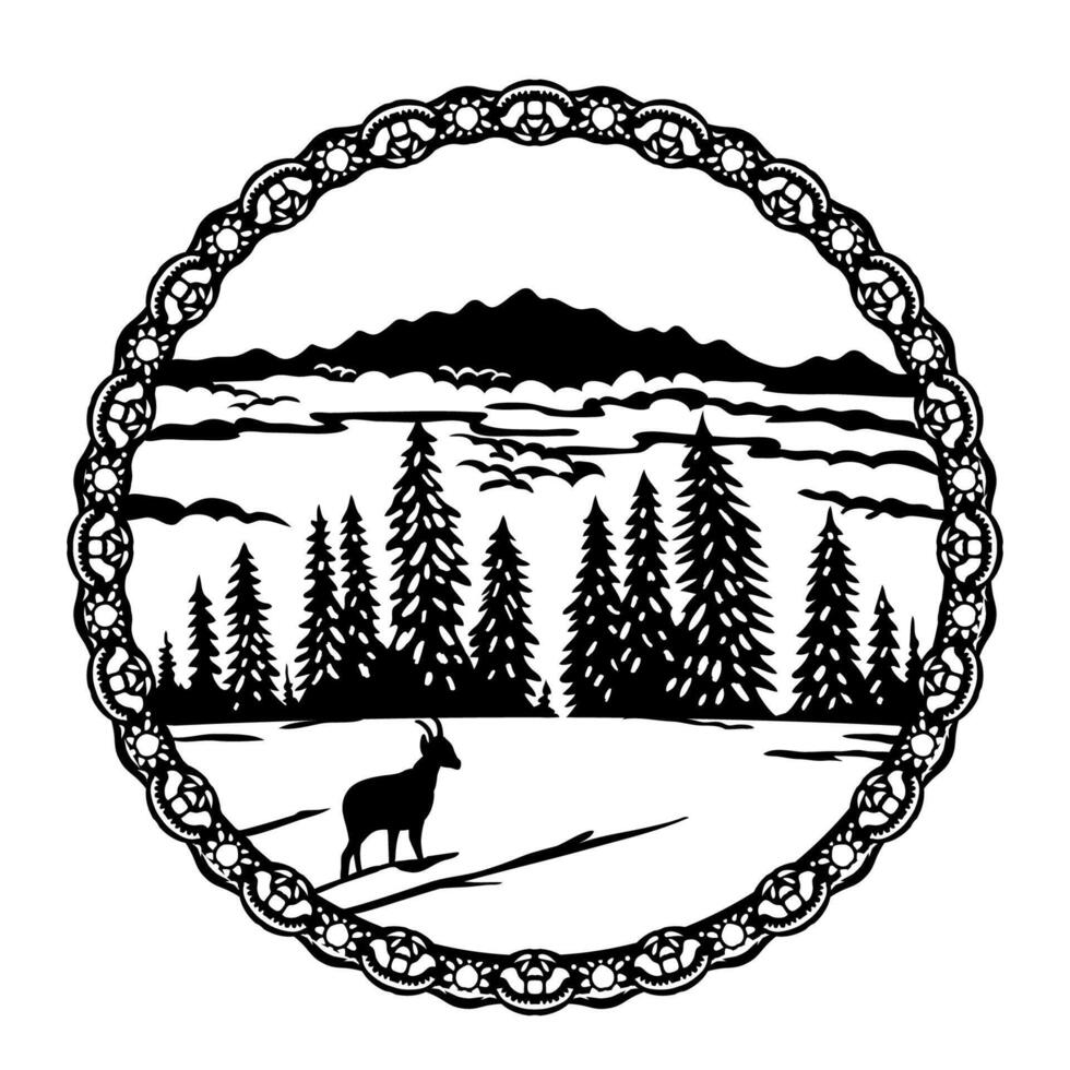 Chamois in Jura Vaudois Nature Park Switzerland Swiss Scherenschnitte Paper Cut Style vector