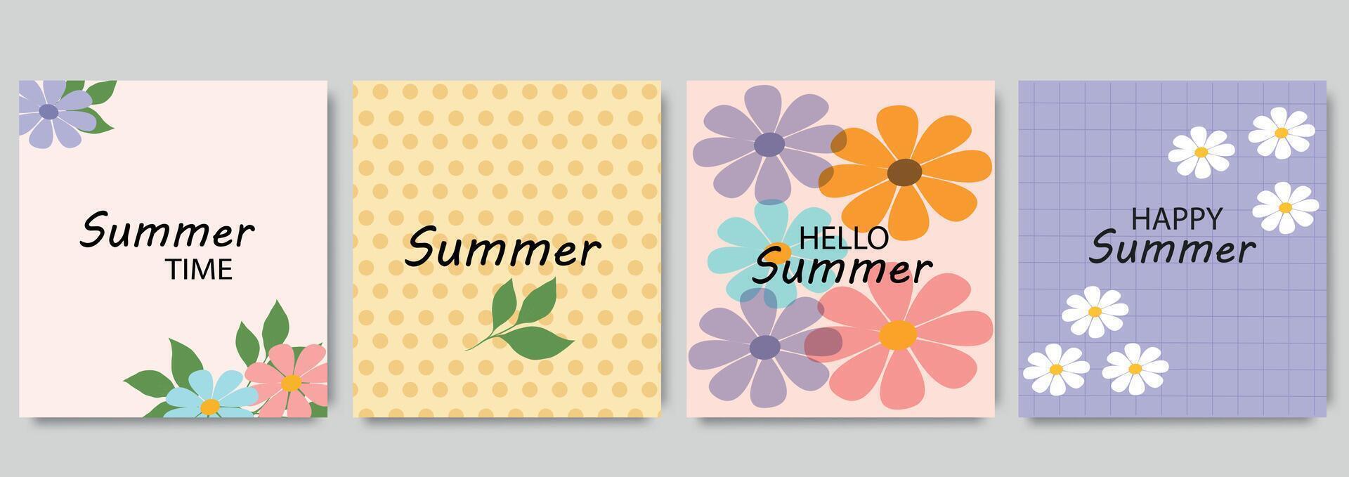 Creative summer season floral square cover vector. Set of banner design with flowers, leaves, branch. sale,wedding,Colorful blossom background for social media post, website, business, ads. vector