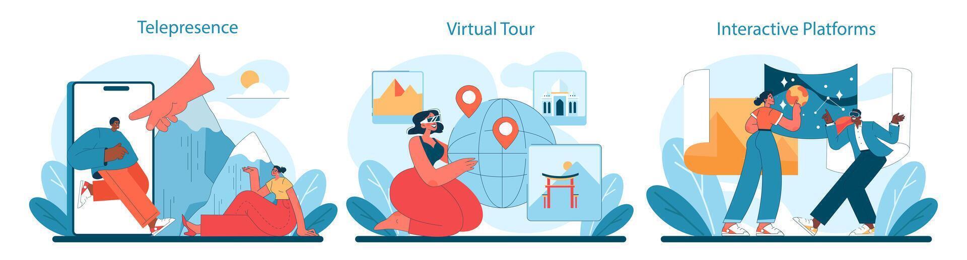 Virtual Tourism set. Seamless telepresence, engaging virtual tours vector
