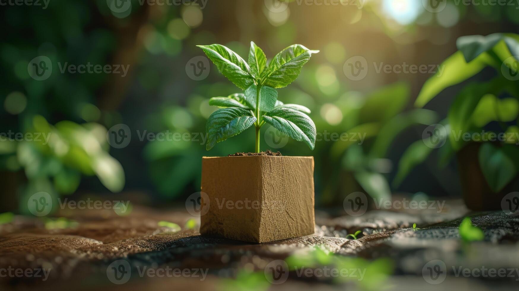 AI generated A young green plant in an eco-pot on the floor, a germinating seed in a craft paper pot photo