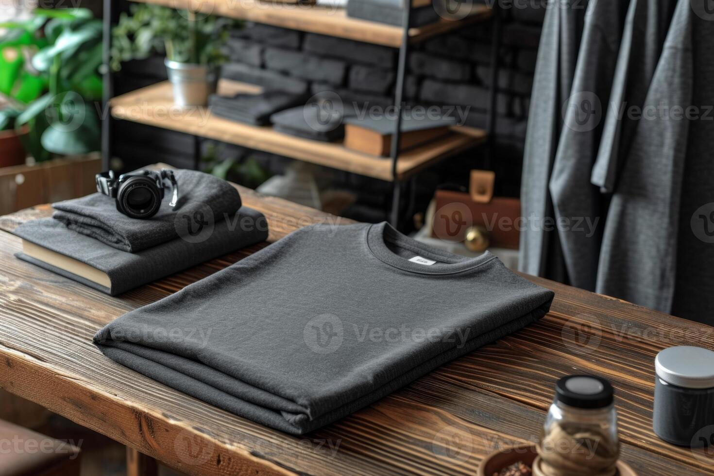 AI generated Stacked black T-shirts are on the table in the store. lifestyle concept photo