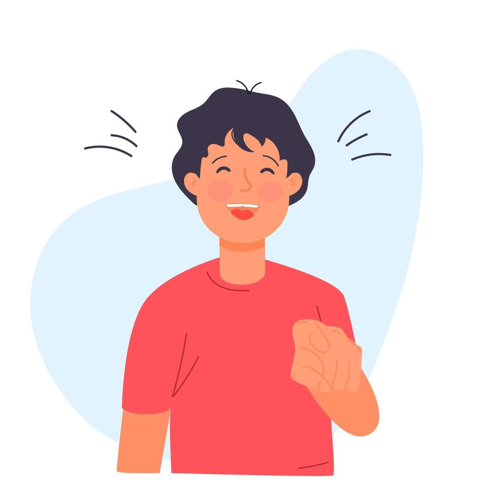 WebYoung guy laughing, pointing his finger. Vector illustration. Fool's day concept