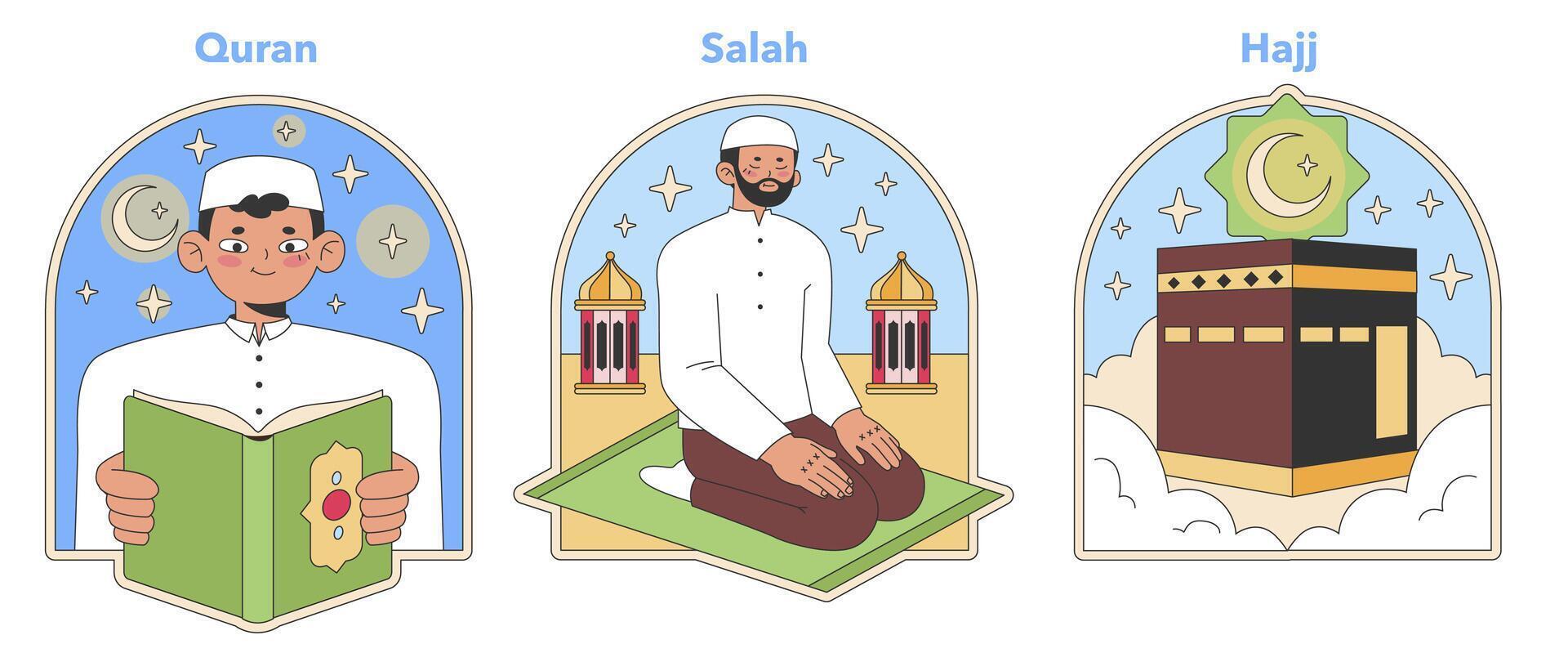 Muslimity essential practices set. Flat vector design