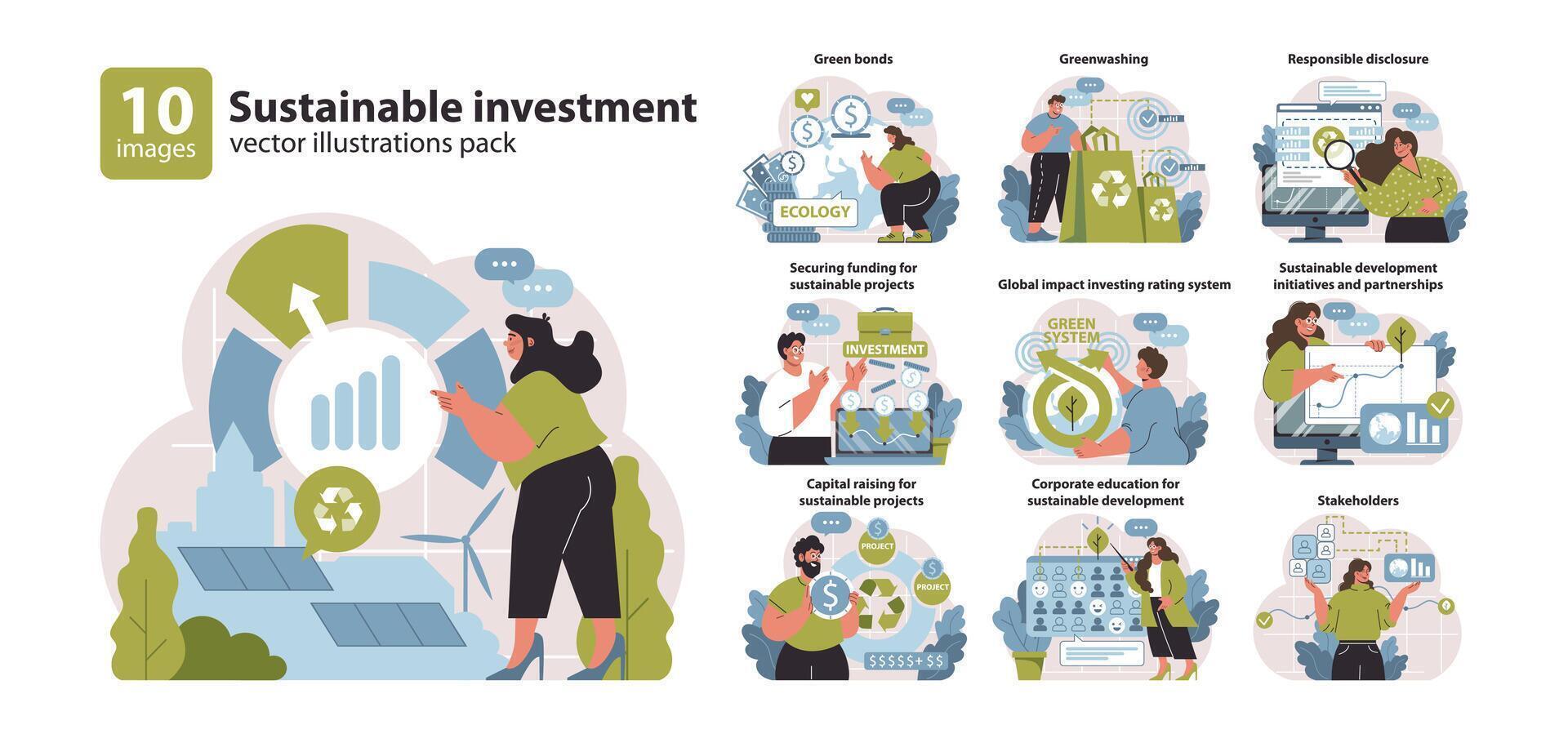 Sustainable investment set. Finance meets ecology for global betterment. vector