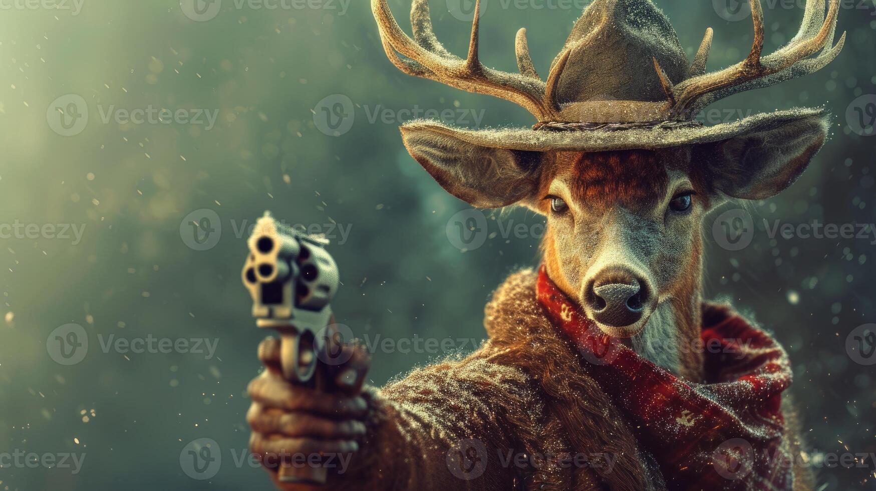 AI generated deer in a stylish hat brandishes a firearm confidently, Ai Generated photo