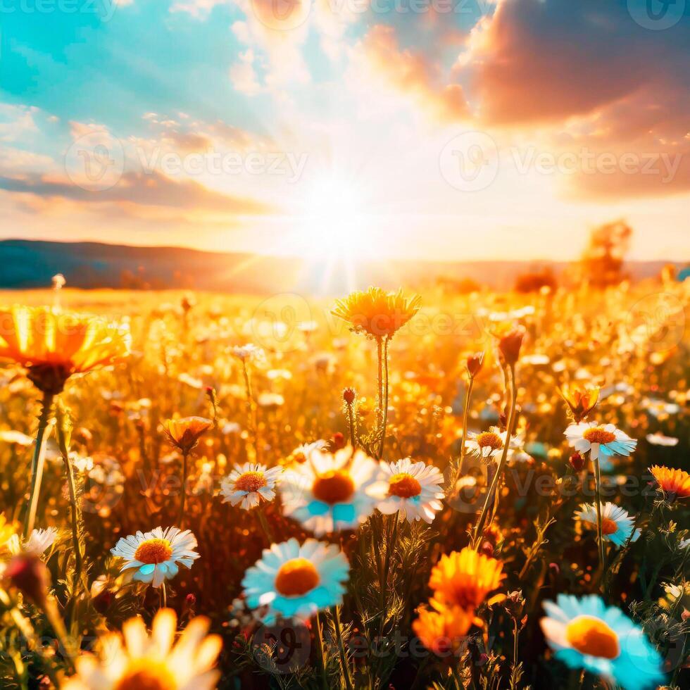 ai generado foto de un flor campo con un lleno de rayos de sol cielo