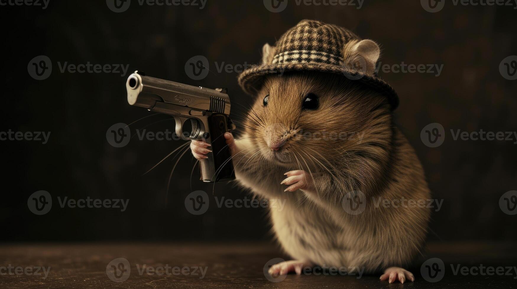 AI generated hamster in a stylish hat brandishes a firearm confidently, Ai Generated photo
