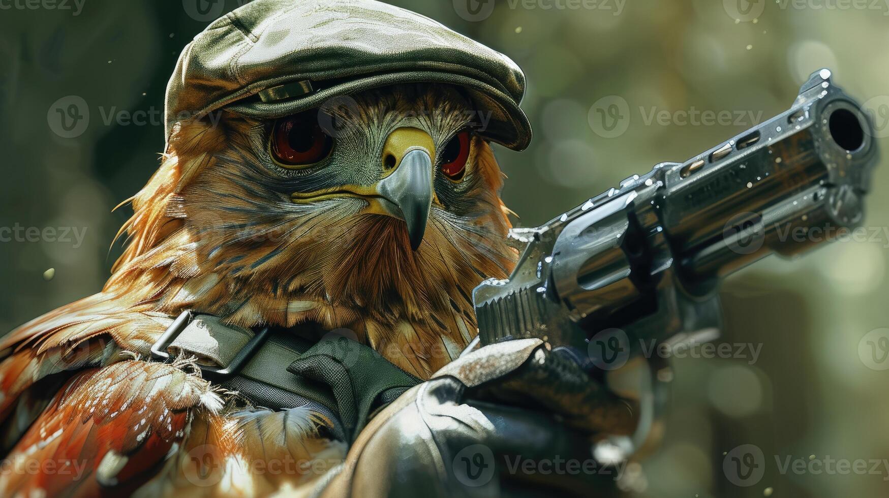 AI generated hawk in a stylish hat brandishes a firearm confidently, Ai Generated photo