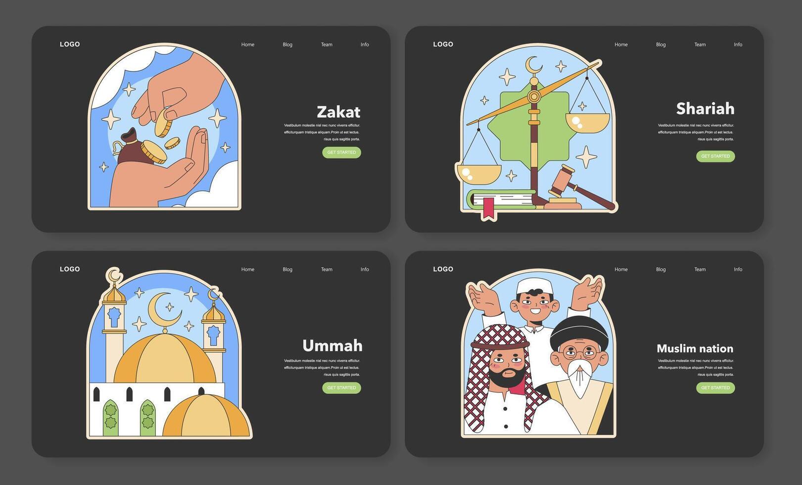 Muslimity web banners set. Flat vector illustration