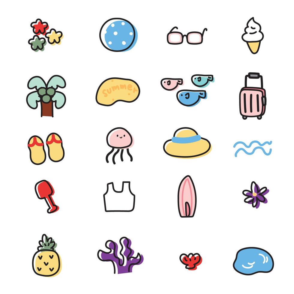 No 2.Set of cute icon summer concept in line hand drawn style.Cartoon design collection.Under the water animal.Sea and beach.Trip.Swim.Kawaii.Vector.Illustration. vector