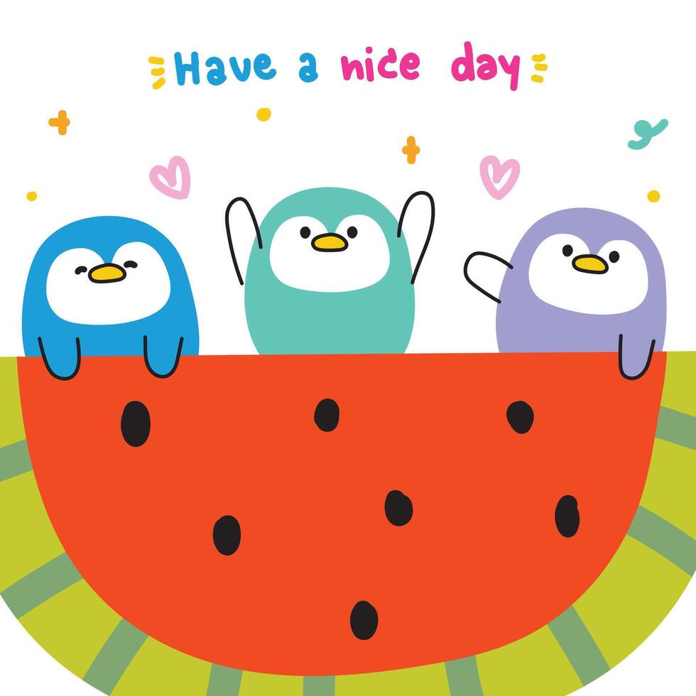 Cute happy penguin with watermelon on white background.Line hand drawn style.Bird animal character cartoon.Have a nice day.Summer fruit.Kawaii.Vector.Illustration. vector