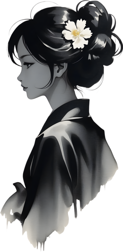 AI generated Japanese woman, drawing of a Japanese woman using the Japanese brushstroke technique. png