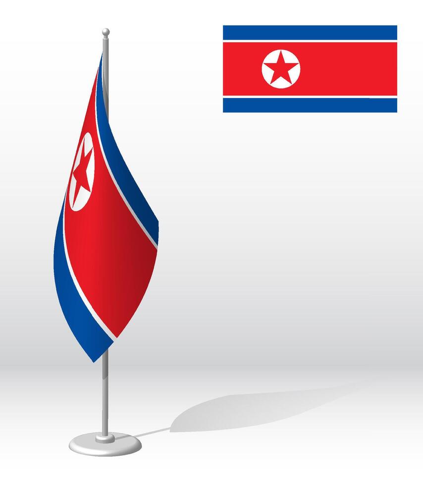 DPRK, North Korea flag on flagpole for registration of solemn event, meeting foreign guests. National independence day of North Korea. Realistic 3D vector on white