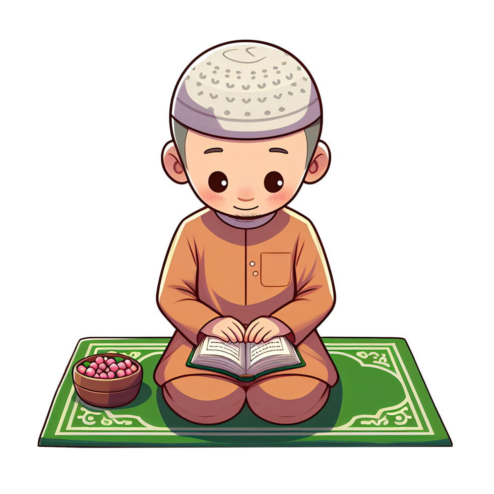 ai gegenereerd een Mens is zittend Aan een gebed mat terwijl lezing de koran, in tekenfilm stijl png