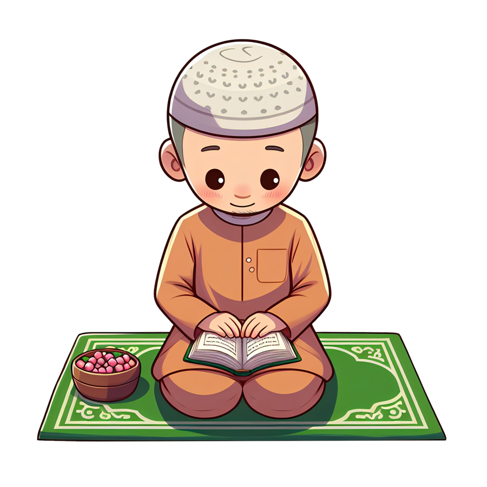 AI generated a man is sitting on a prayer mat while reading the qoran, in cartoon style png