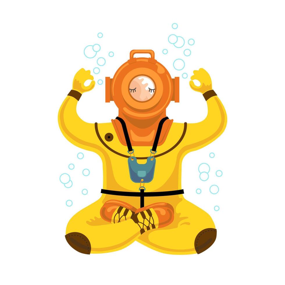 Human in ancient diving suit meditating underwater. Consept for meditation and deep relaxation. vector