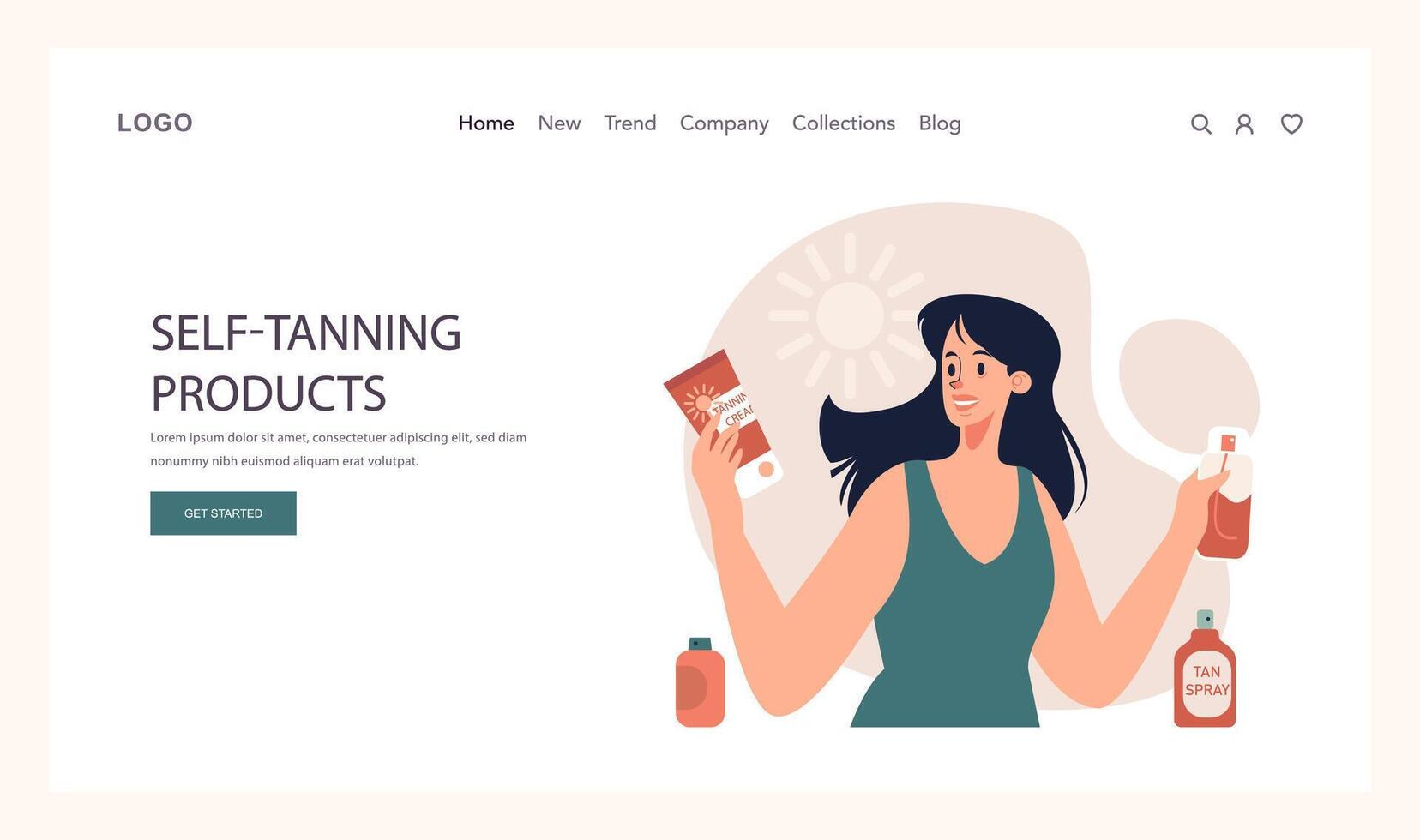 Self-tan web banner or landing page. Beautiful woman applying self-tanner vector