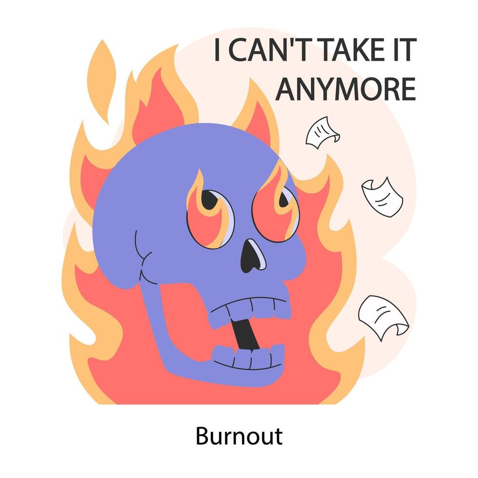 Professional burnout. Skull on fire. Work-life disbalance, burning deadline vector