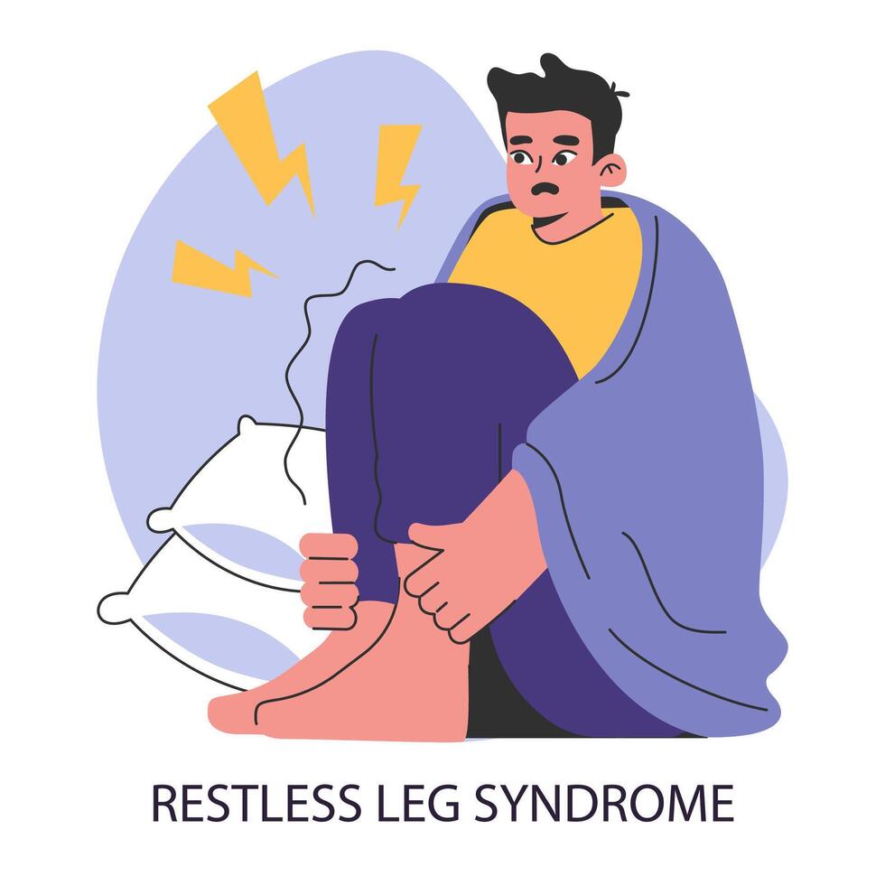 Restless legs syndrome or RLS. Nighttime problem. Insomniac man with unsettling vector