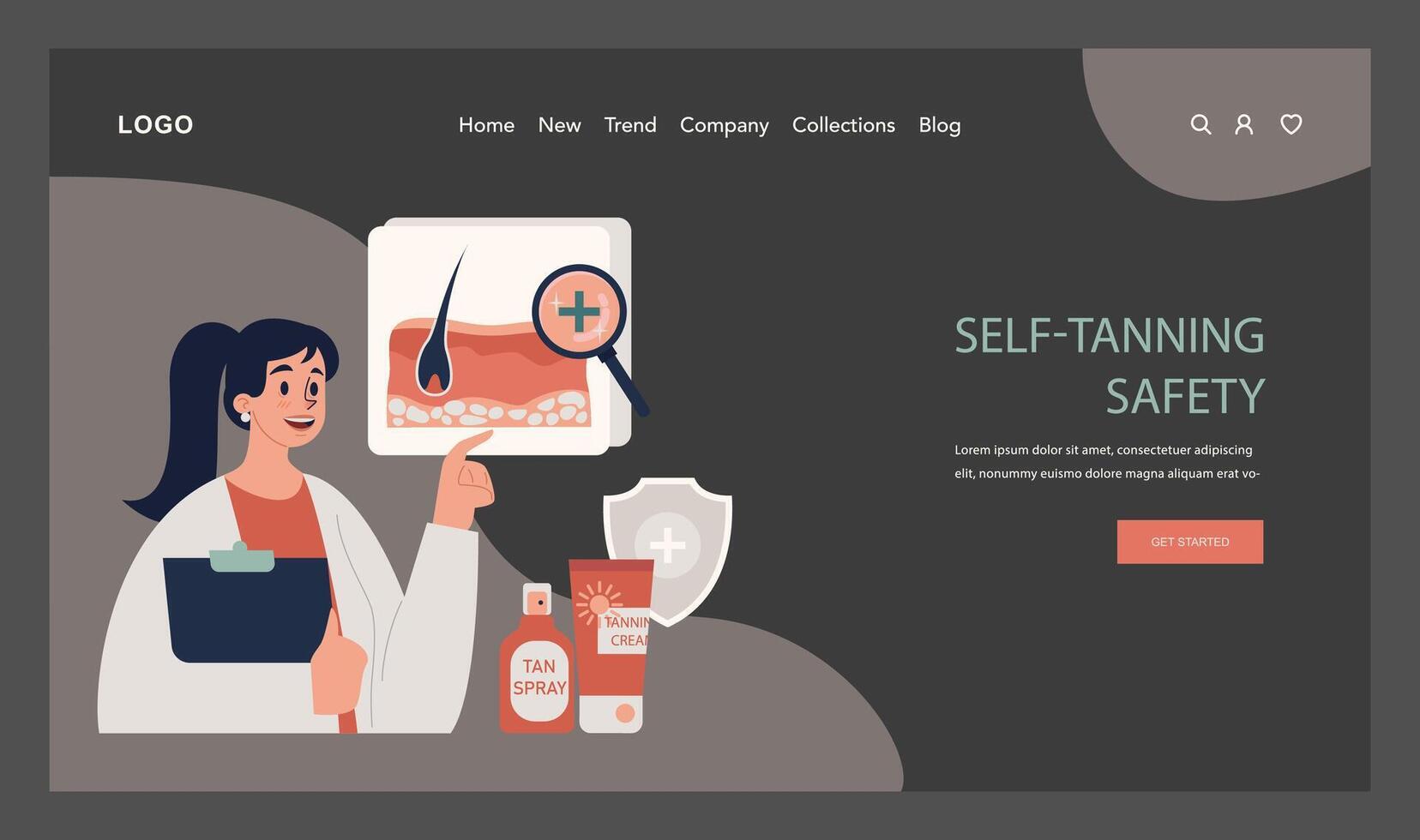 Self-tan web banner or landing page dark or night mode. Beautiful vector
