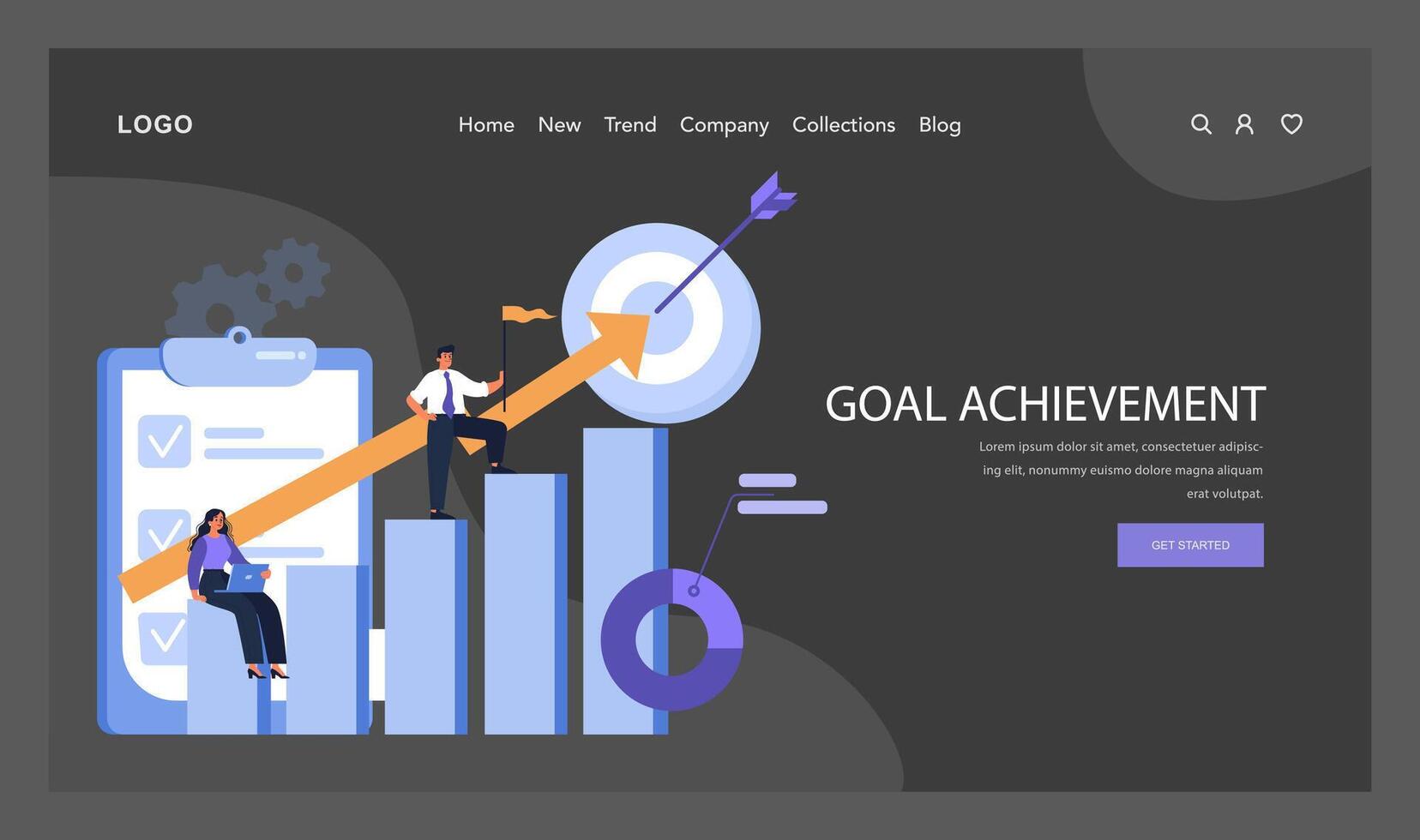 Goal Achievement emphasized. A man triumphantly reaches a peak vector