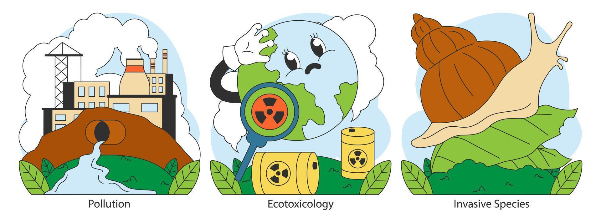 Ecology set. Human influence. Environment pollution, ecotoxicology vector