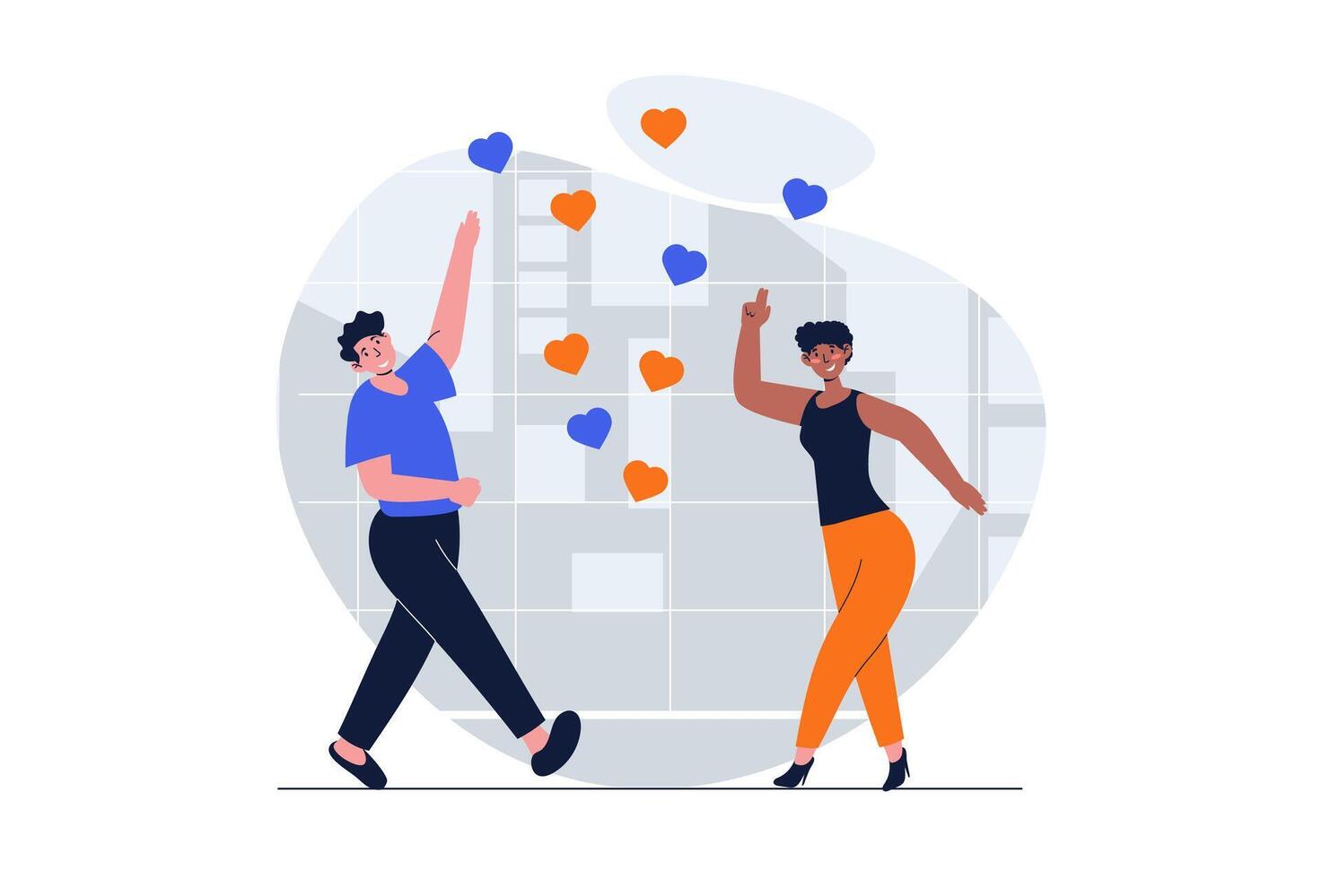 People dancing web concept with character scene. Man and woman enjoying dance in discotheques or studio. People situation in flat design. Vector illustration for social media marketing material.