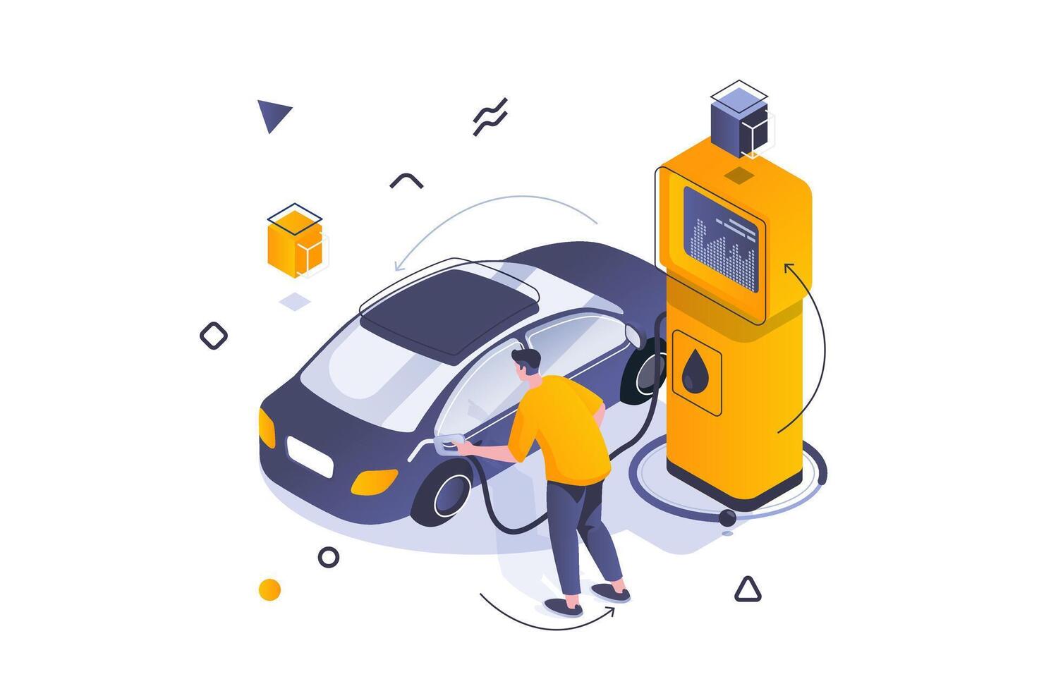 Oil Industry concept in 3d isometric design. Man holding fuel nozzle and refueling car at petrol filling station with gas or benzine. Vector illustration with isometric people scene for web graphic