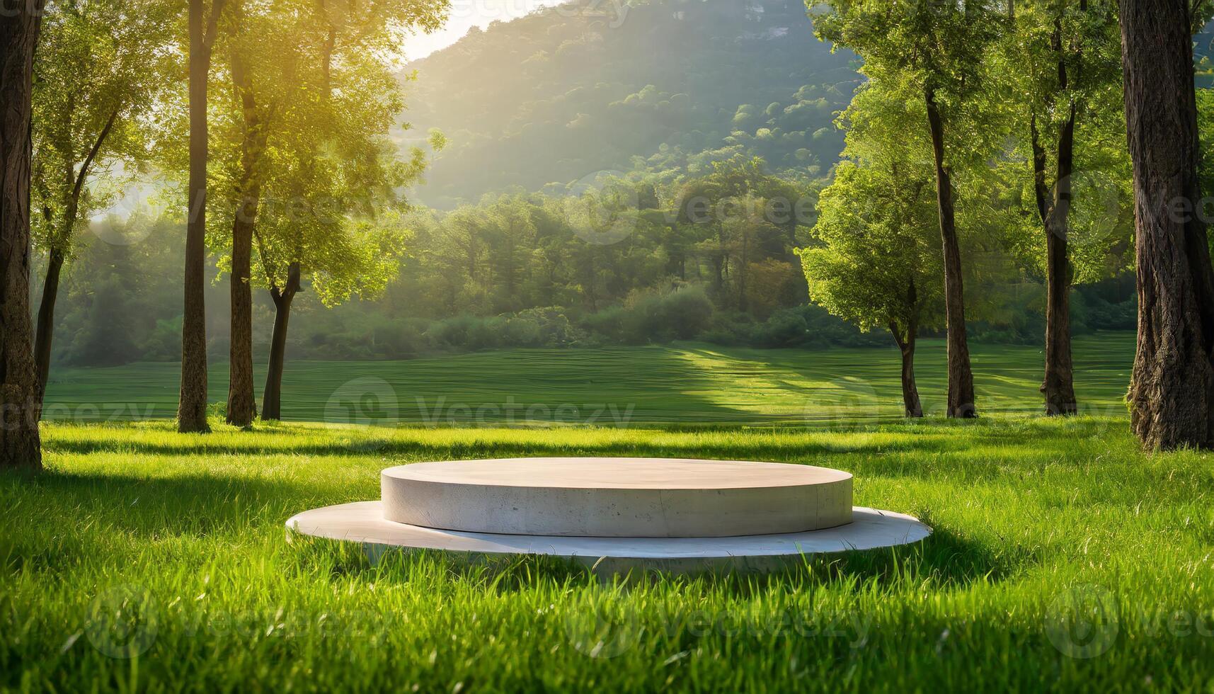 AI generated Empty Podium imockup n a Sunny Park, product showcase nature concept photo