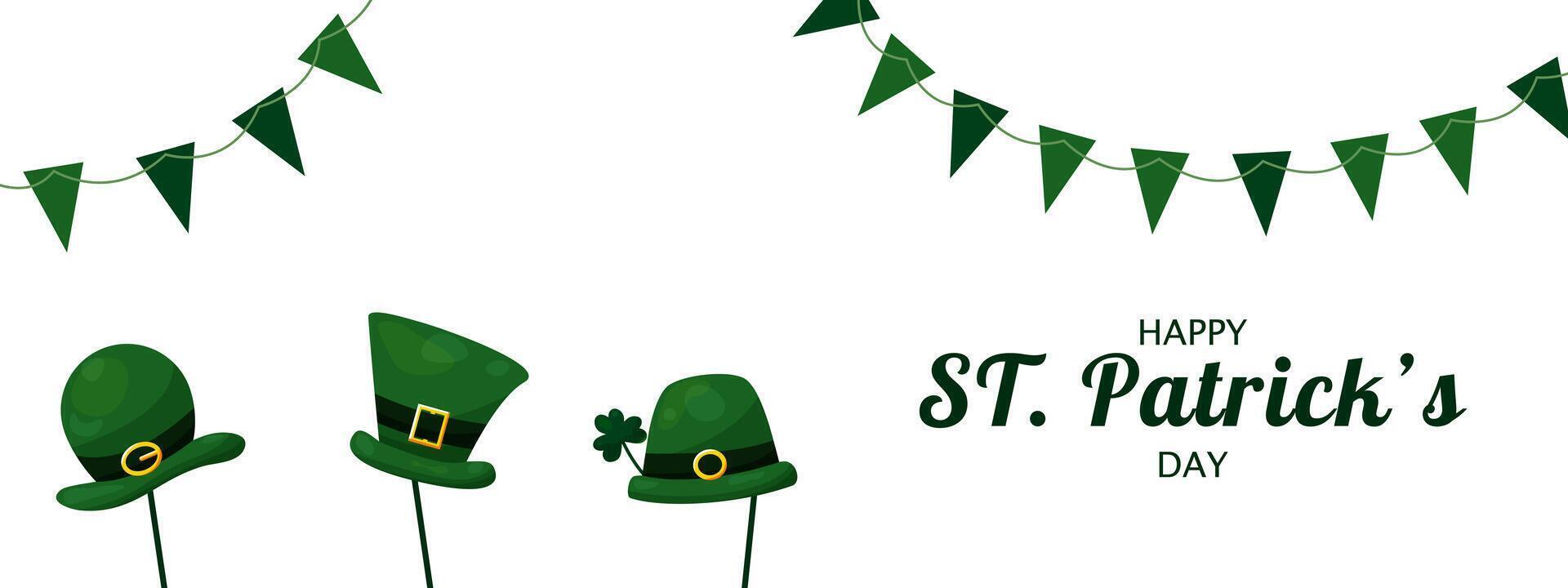 St. Patrick's Day banner with green Elf hats on sticks and garlands of flags on white background with free place for uoyr text. Festive background for web use, printing and unique festive design. vector