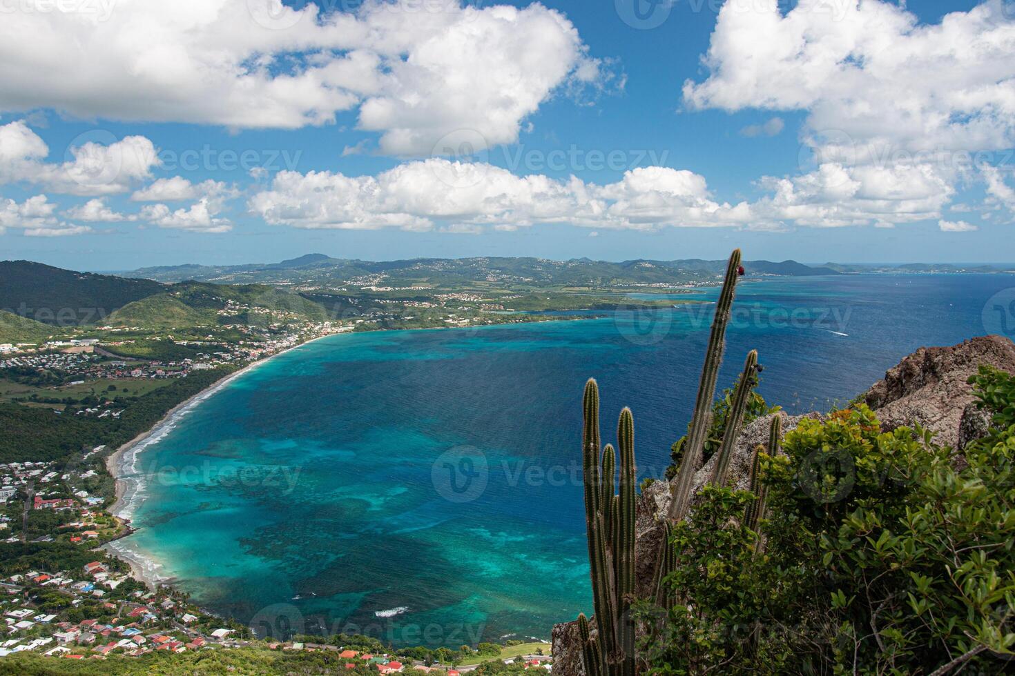 Panoramic view of the Diamant beach, coral reefs and city, Martinique, French West Indies photo