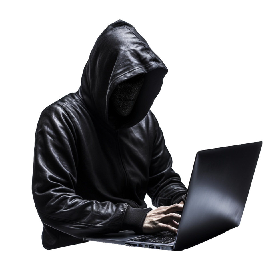 AI generated Hacker in hoodie using laptop png isolated on transparent background