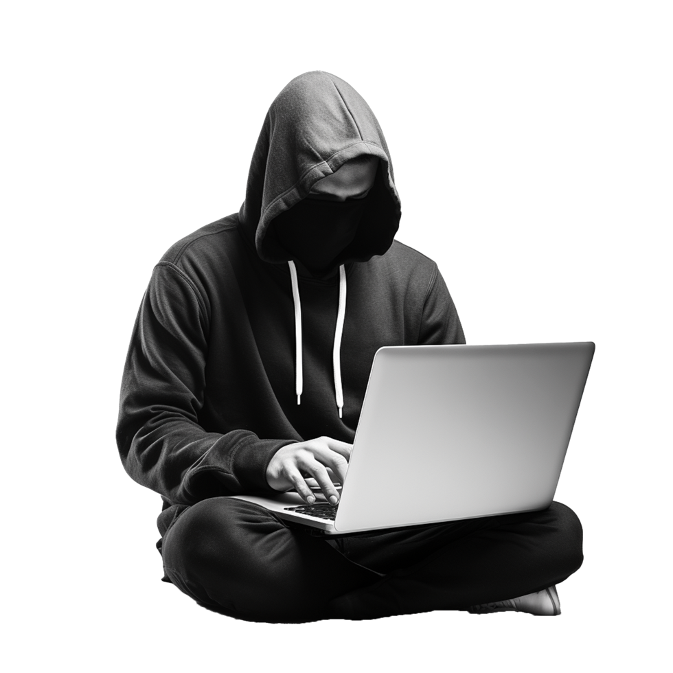 AI generated Hacker in hoodie using laptop png isolated on transparent background
