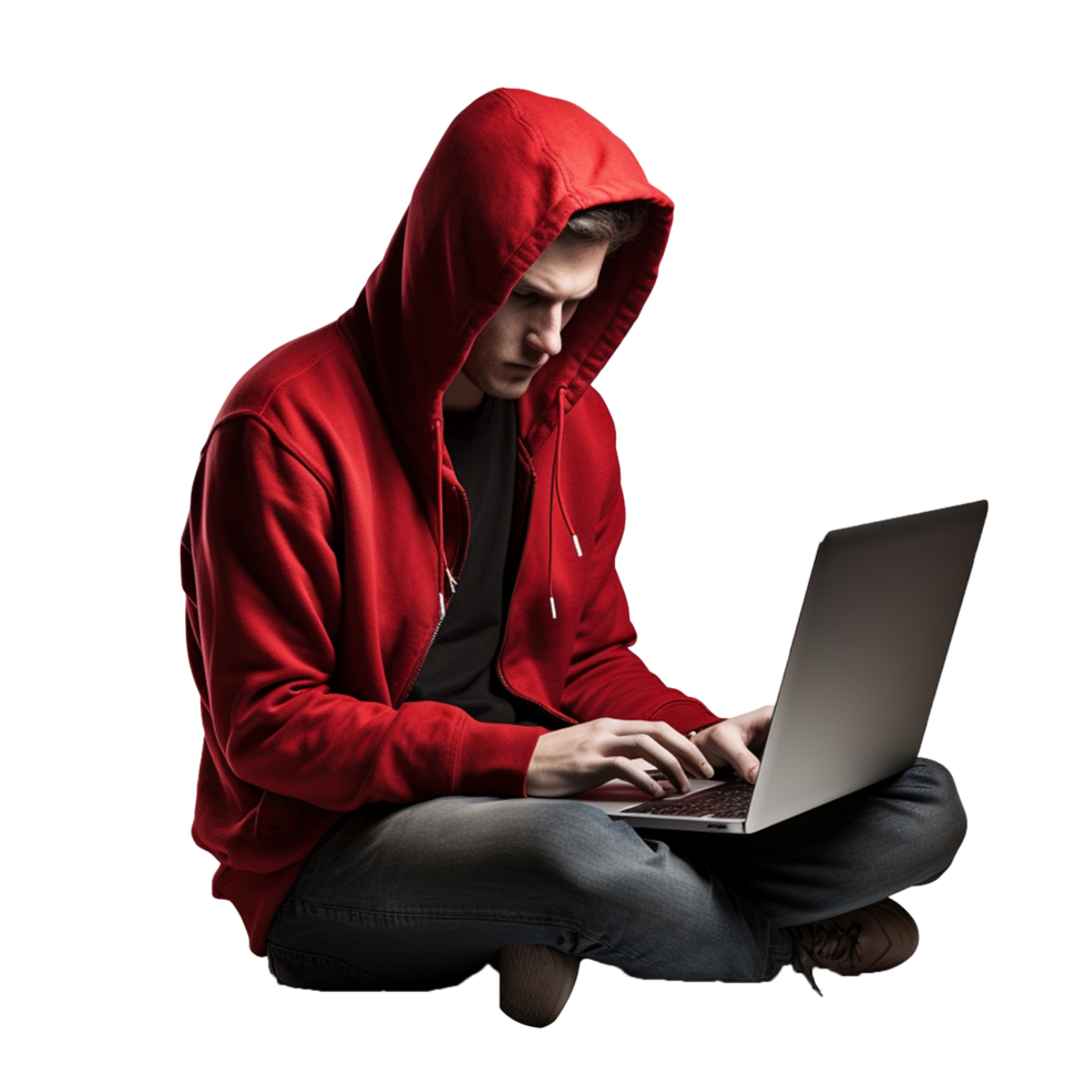 AI generated Hacker in hoodie using laptop png isolated on transparent background