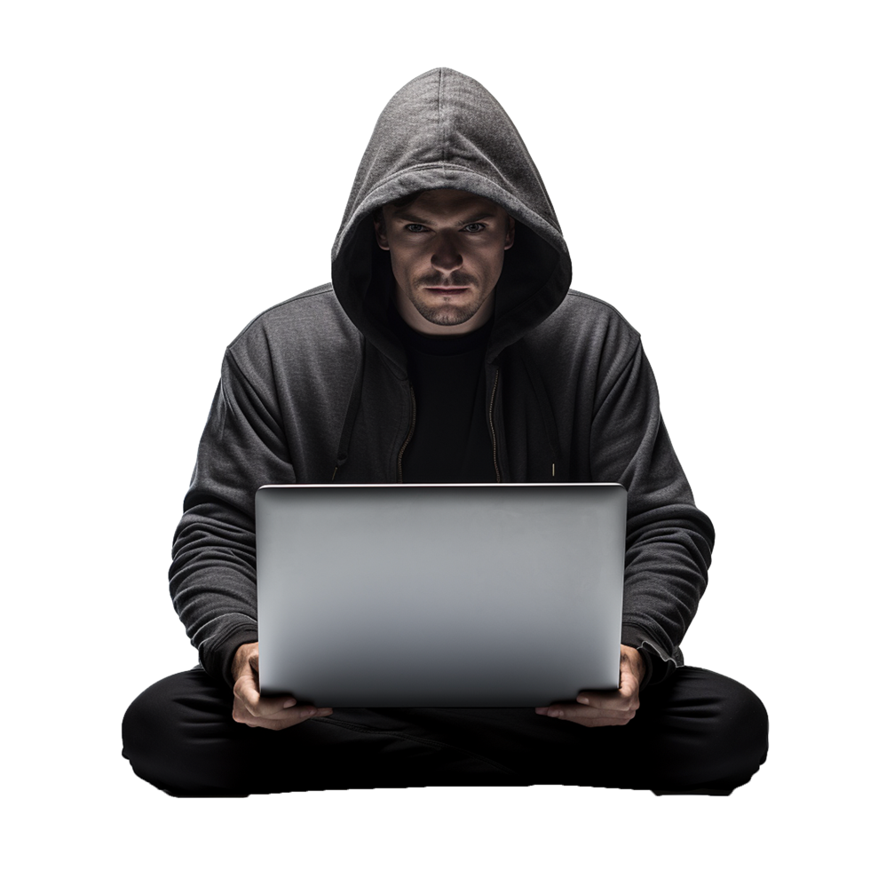 AI generated Hacker in hoodie using laptop png isolated on transparent background