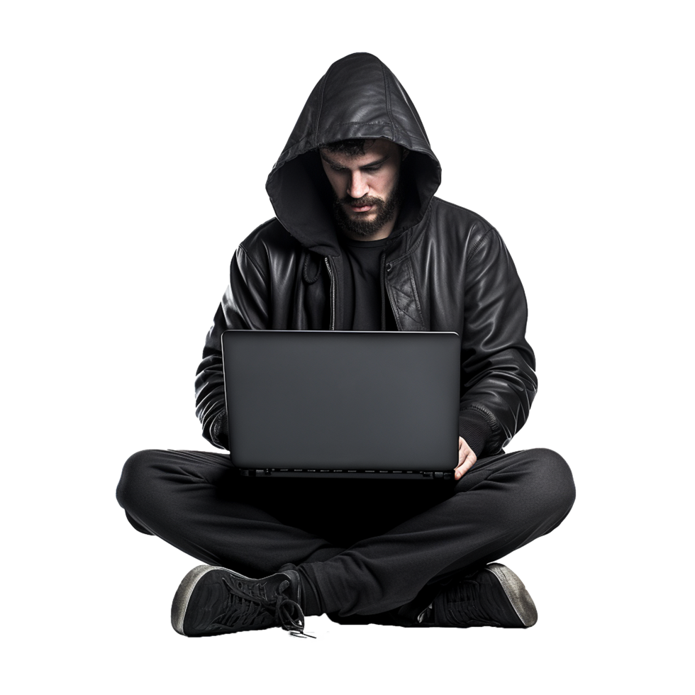 AI generated Hacker in hoodie using laptop png isolated on transparent background