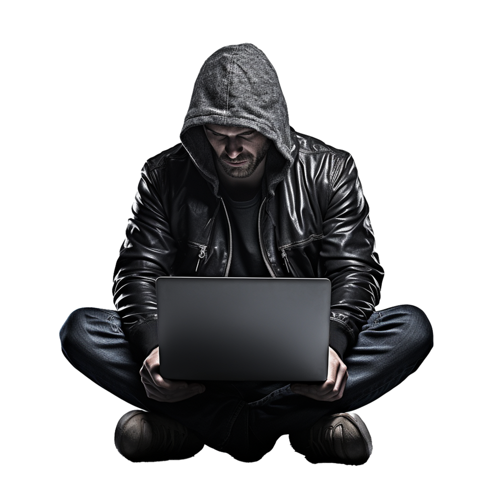 ai gegenereerd hacker in capuchon gebruik makend van laptop PNG geïsoleerd Aan transparant achtergrond