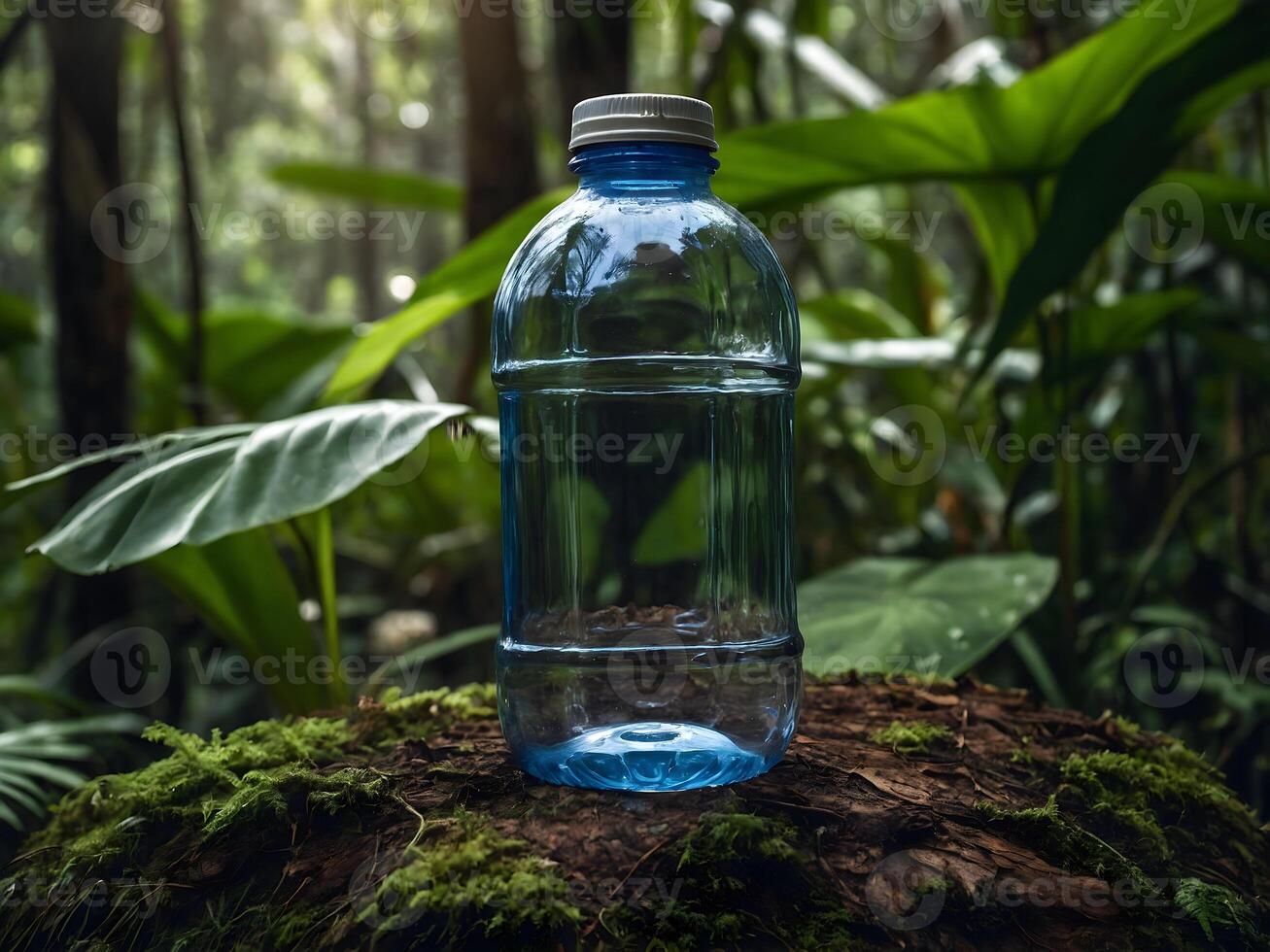 Water bottle on the background of the jungle, forest, ecologically, on the background of a stream, waterfall. Ecological water photo