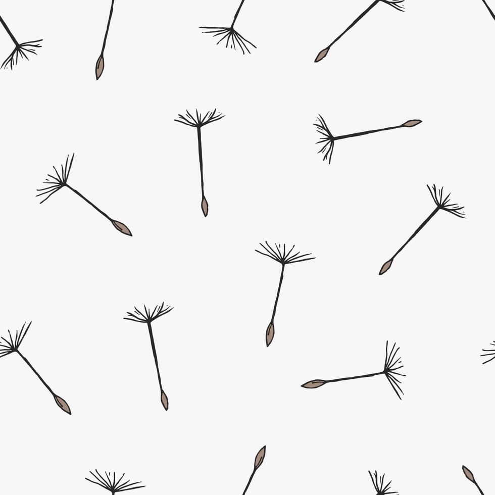 Simple seamless pattern with flying dandelion seeds or achenes on pappuses drawn on white background. Botanical vector illustration with flower parts for fabric print, wallpaper, wrapping paper.