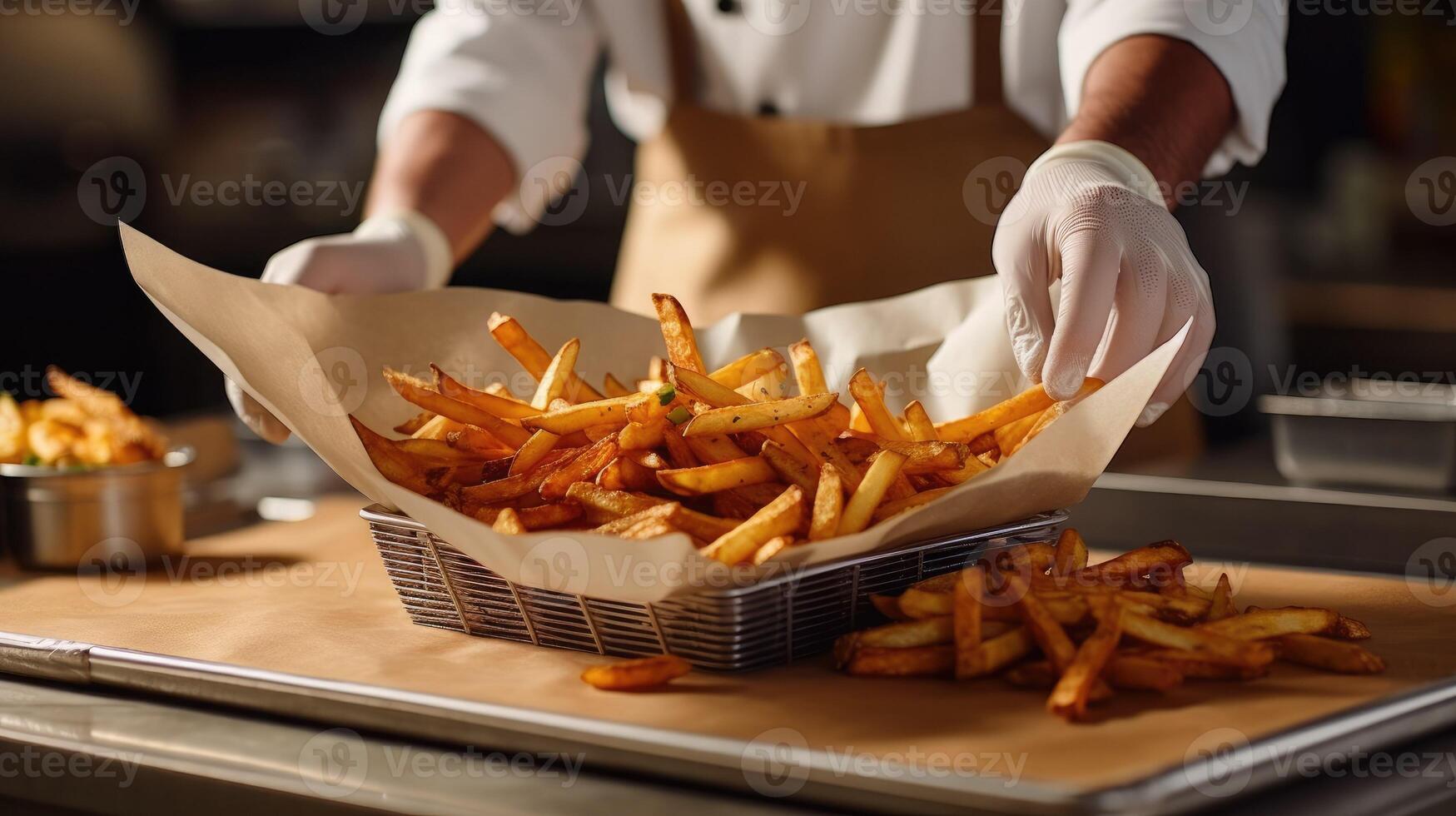 AI generated chef takes out delicious french fries from the frye, photo