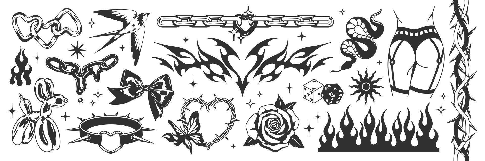 Tattoo art signs of 2000s style. Y2k aesthetic set. Vintage symbols, fluid goth chain, heart, rose, flame, bow, bird, balloon dog, butterfly, dice, blackthorn, snake. Vector tattoo line stickers