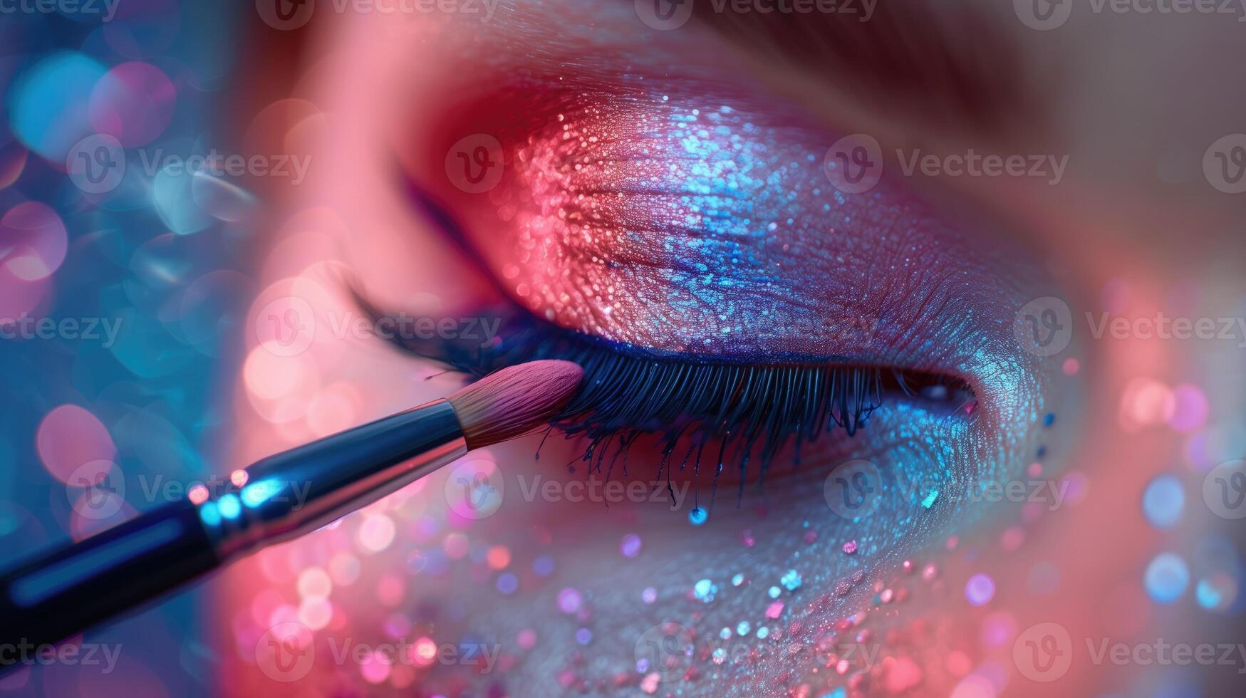 AI generated Close-up of a woman's eye with a makeup brush. photo